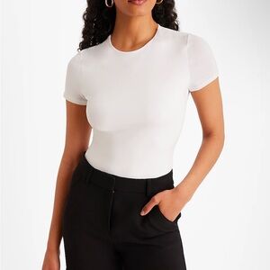Express | White Body Contour Compression Crew Neck Short Sleeve Bodysuit